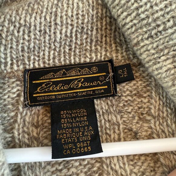 Vintage Eddie Bauer Sweater Cardigan Wool Suede Elbow Patch Fisherman Cabin L - Picture 3 of 13